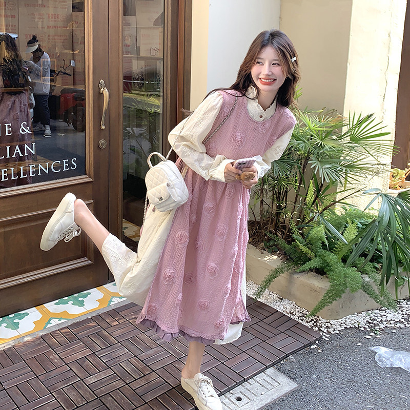 粉色立体玫瑰罩衫套装连衣裙女春季法式温柔风超好看文艺两件套,女装套装/套裙,2C068