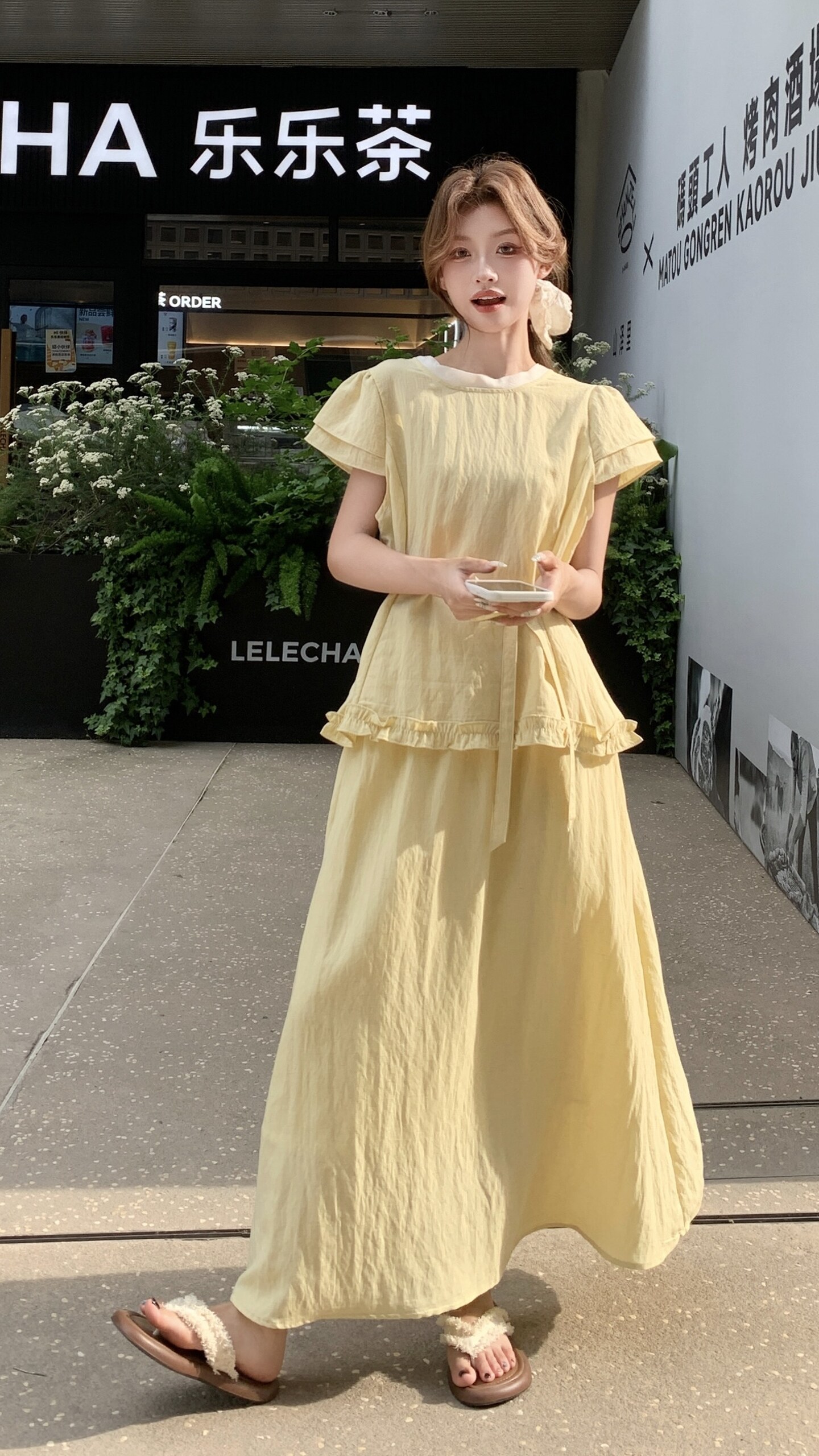韩系减龄木耳边系带上衣半身裙套装女2025夏新款高级感甜美两件套,女装套装/套裙,2C109