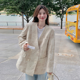 提花设计感V领西装外套女春秋新中式风早秋西服小个子气质，女装西装，2C117