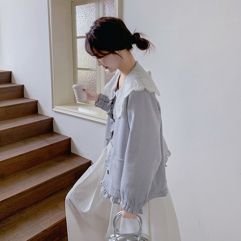 小香风蕾丝娃娃领外套女2025春季新款小个子甜美减龄超好看短上衣,女装短外套,2C057