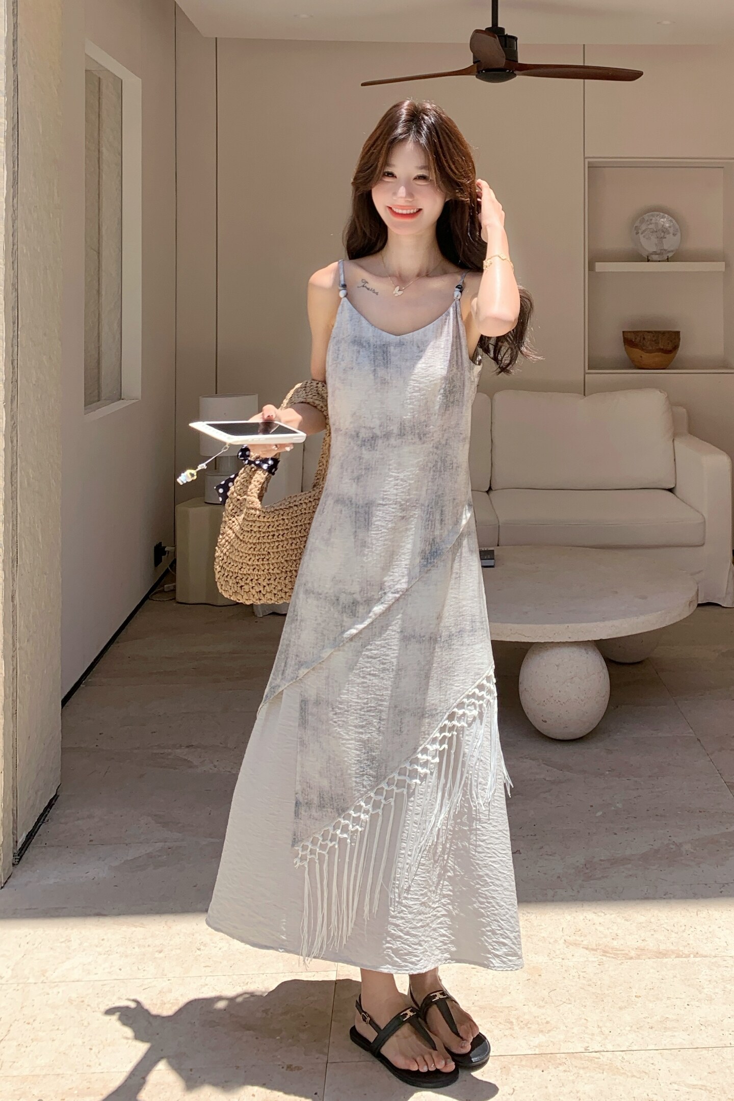减龄流苏扎染吊带连衣裙女夏2025新款独特绝美显瘦长裙超好看洋气,女装连衣裙,2C271