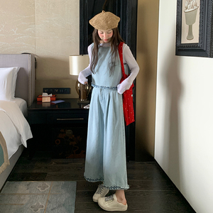 浅蓝色复古木耳边牛仔马甲套装女2025春季新款小个子阔腿裤三件套图片