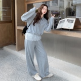 休闲运动蕾丝拼接灰色卫衣长裤套装女春秋季高级小众不撞款两件套，女装套装/套裙，2C258