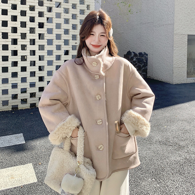 甜美粉色麂皮绒两面穿皮毛一体羊毛羔外套女秋冬2025新款加厚棉服,女装棉衣/棉服,2C122