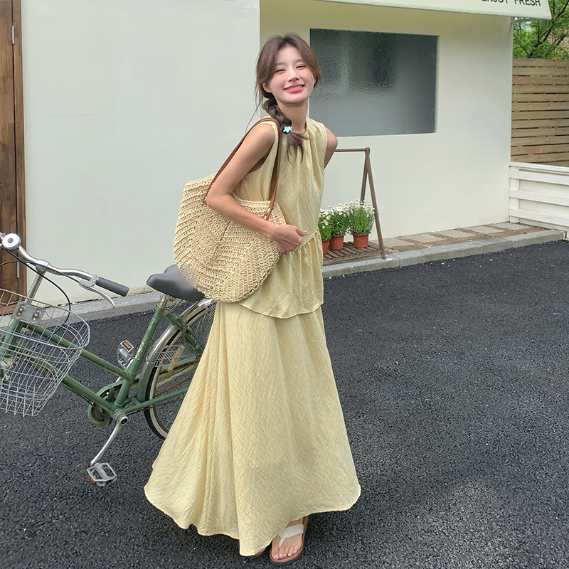 法式减龄盐系背心上衣套装女2025夏季新款显瘦高腰半身长裙两件套,女装套装/套裙,2C159
