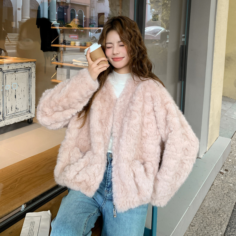 软糯粉色皮毛一体羊羔毛茸仿貂毛外套女秋冬2025新款温柔风厚棉服,女装短外套,2C353