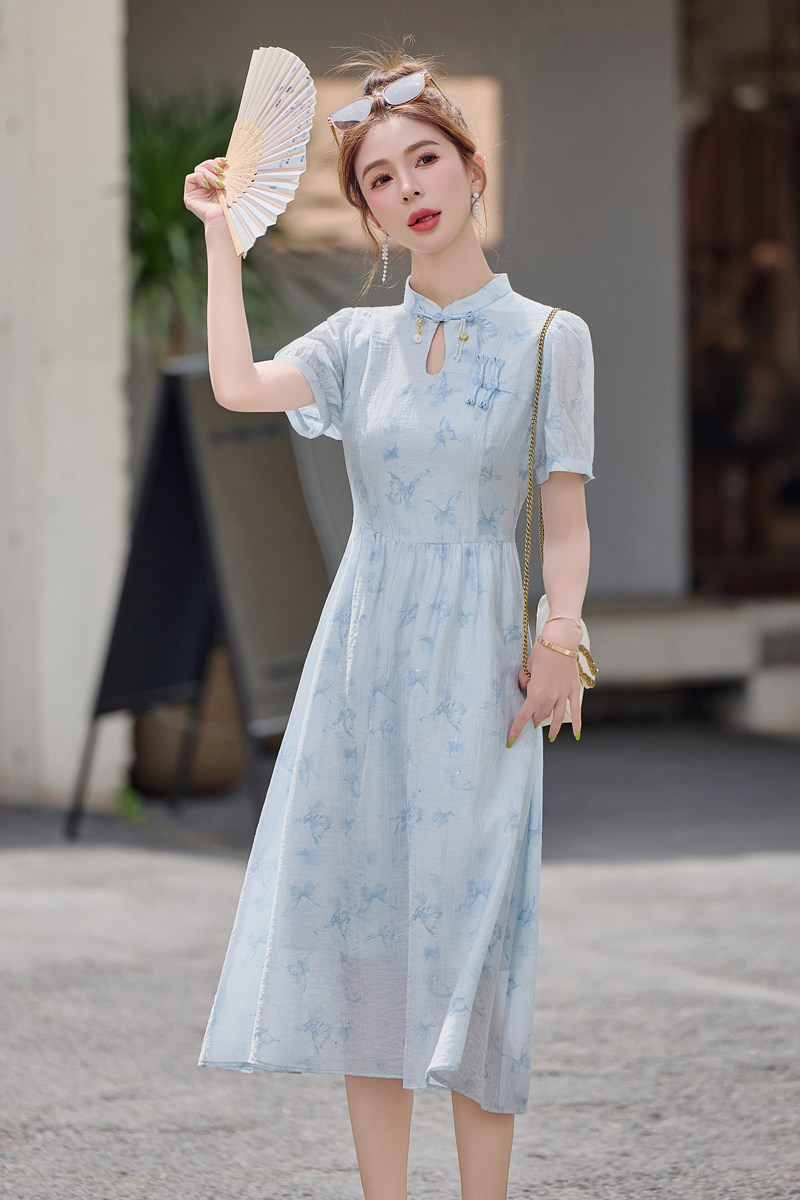 现货2025夏装新款新中式连衣裙修身显瘦遮肉风裙子中长款风,女装连衣裙,唯婧