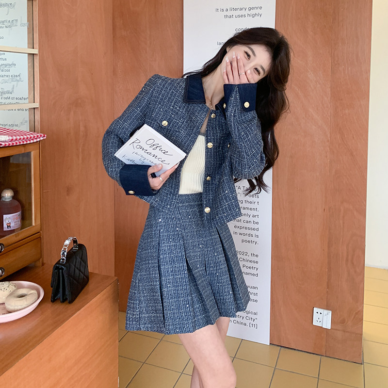 蓝色小香风套装女小个子短裙两件套2025年春秋新款半身裙套装,女装套装/套裙,2C218