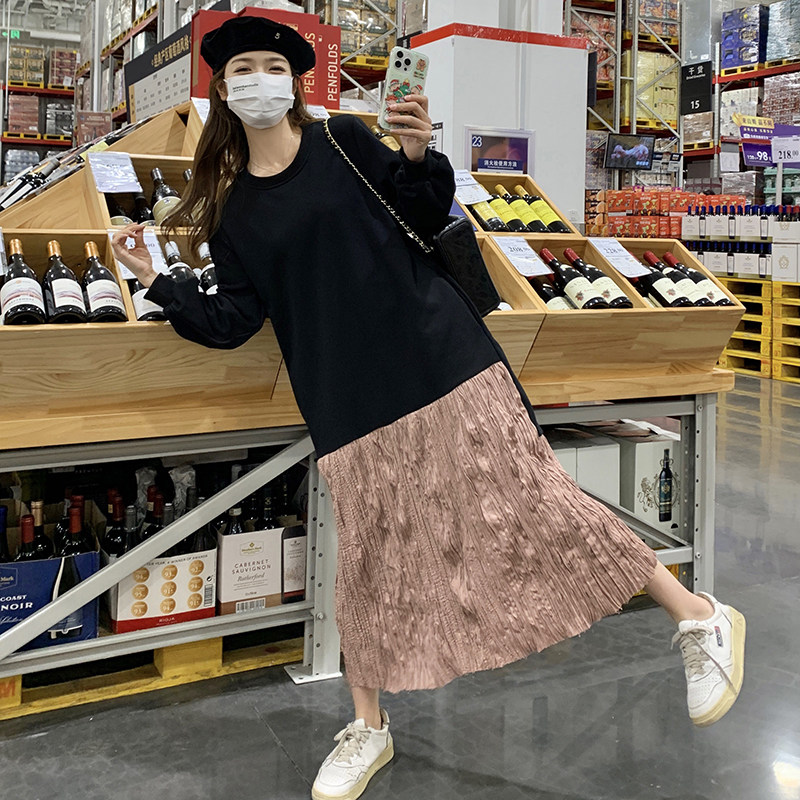 撞色拼接假两件连衣裙女中长款春秋新款韩版宽松显瘦时髦洋气裙子图片
