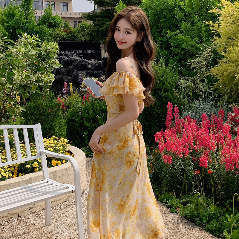 浪漫一字领露肩连衣裙女2025夏季新款法式绝美显瘦度假风印花裙子,女装连衣裙,2C009