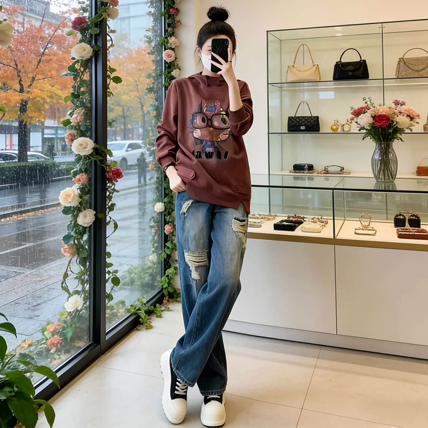 韩版时尚休闲套装女春季新款连帽刺绣卡通上衣破洞牛仔长裤两件套,女装套装/套裙,2C310
