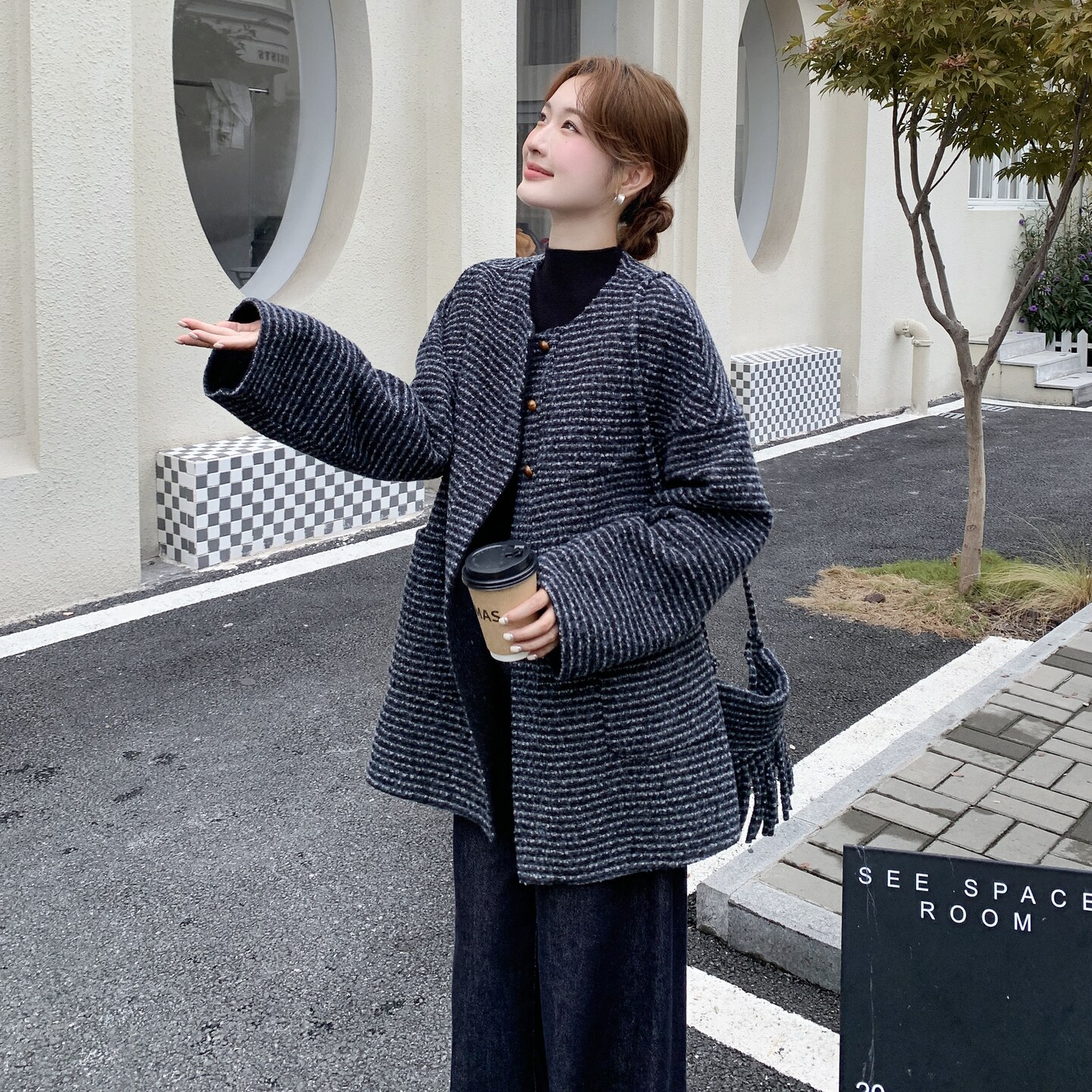 小香风粗花呢撞色毛呢外套女秋冬2025新款小个子流行独特漂亮大衣,女装毛呢外套,2C260