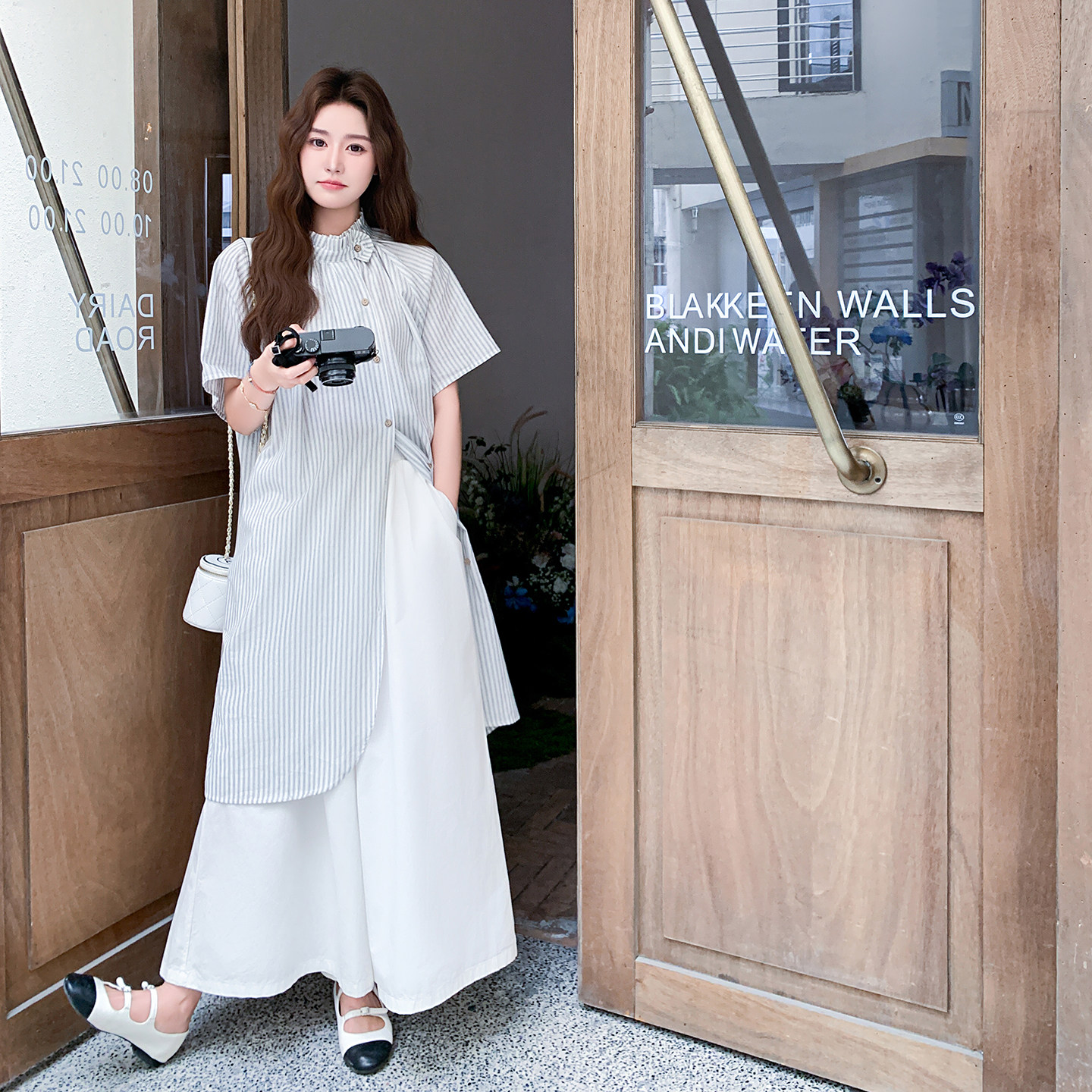 文艺复古衬衫叠穿套装女夏季2025新款宽松休闲时尚阔腿裤两件套装,女装套装/套裙,2D009