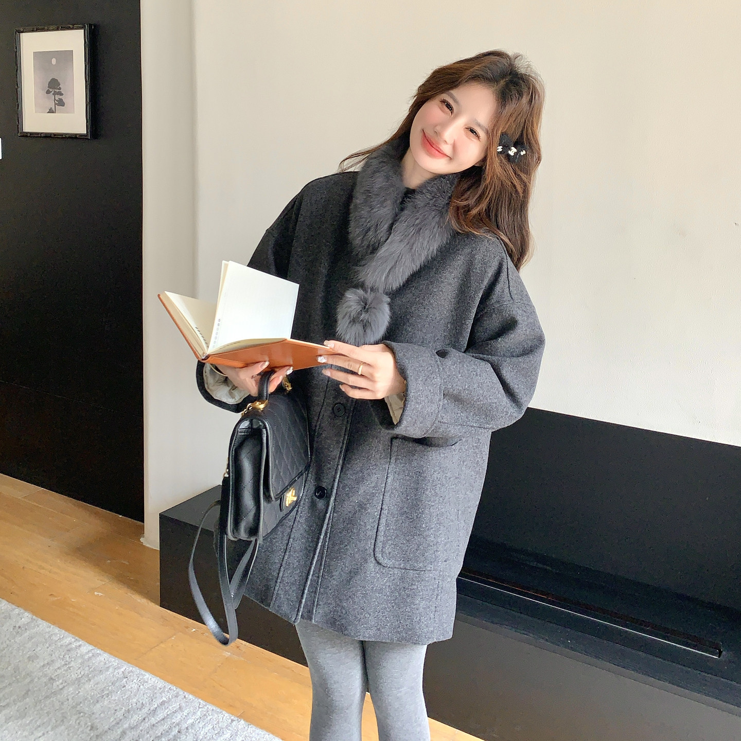 轻奢老钱风灰色毛呢大衣女冬季气质宽松中长款羽绒服羊毛外套,女装羽绒服,2C166