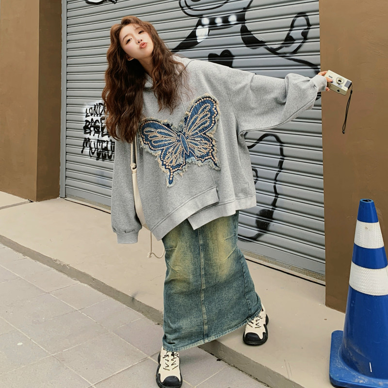 【】刺绣蝴蝶拼接oversize连帽卫衣88025-P135K188,女装连衣裙,2C069
