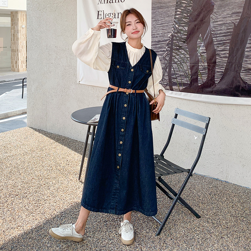 法式牛仔连衣裙2025春秋新款甜美显瘦复古设计感背带裙,女装连衣裙,2C166