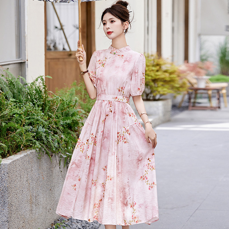 2025夏季新中式连衣裙长款印花盘扣立领,女装连衣裙,2C290
