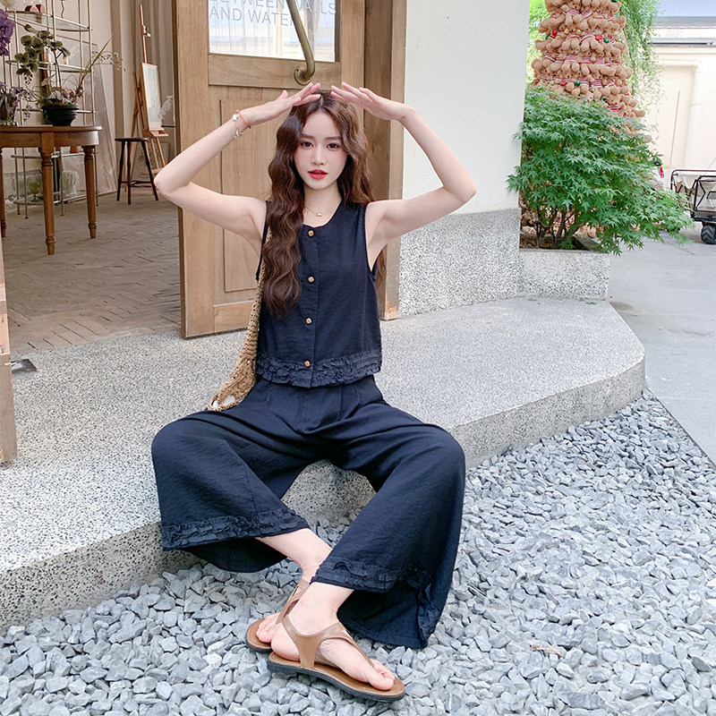 法式小香风无袖马甲时尚套装女2025夏季新款简约阔腿裤显瘦两件套,女装套装/套裙,2C022