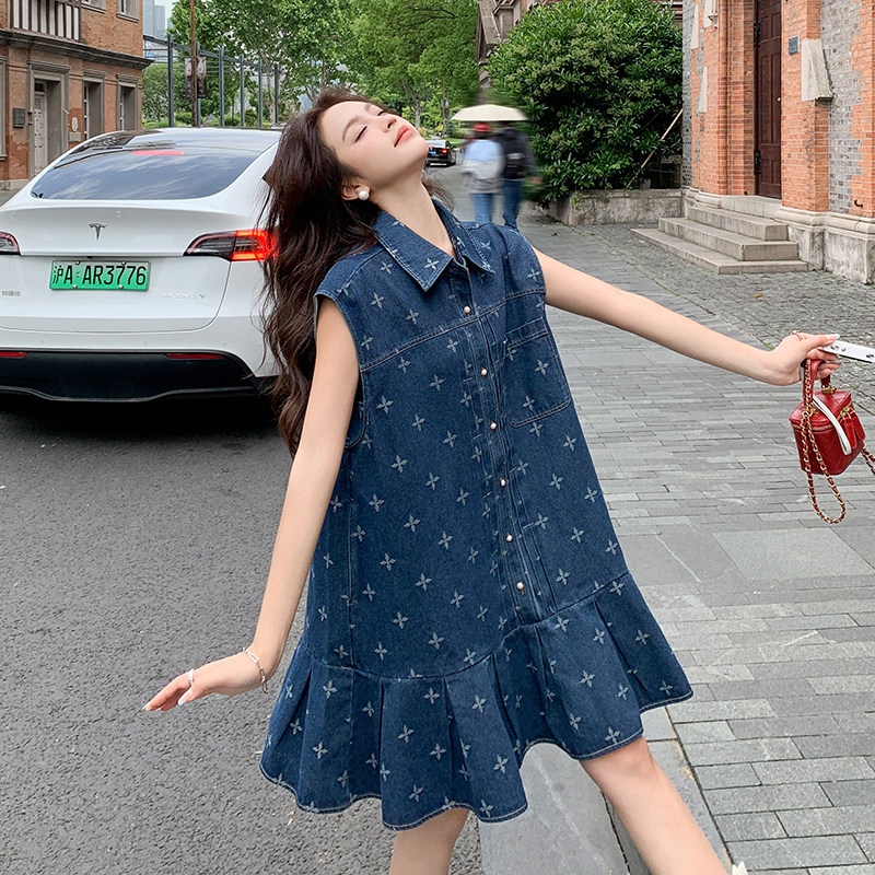 法式气质减龄印花牛仔连衣裙女2025夏季新款韩版宽松显瘦背心短裙,女装半身裙,2C112