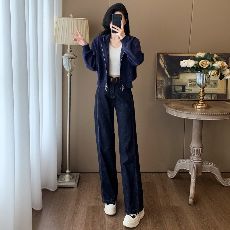 春秋洋气开衫连帽卫衣牛仔裤两件套图片