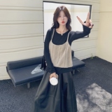 韩版时尚百搭圆领短袖T恤减龄叠穿针织背心PU皮半身裙三件套女潮，女装套装/套裙，2C166