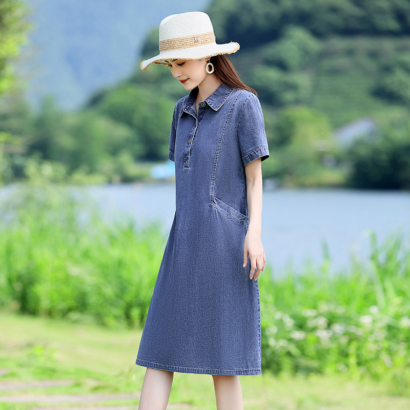 薄款牛仔连衣裙女夏季2025新款短袖休闲复古减龄妈妈遮肚显瘦裙子,女装毛呢外套,新感觉