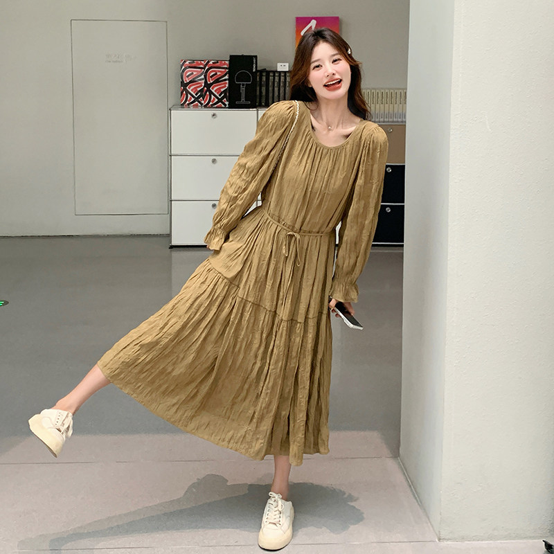 时尚褶皱连衣裙女2025春季新款韩版气质温柔圆领修身收腰A字长裙,女装连衣裙,2D043