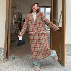 红色格纹毛呢大衣女中长款冬季新款复古英伦风高级感加厚呢子外套图片