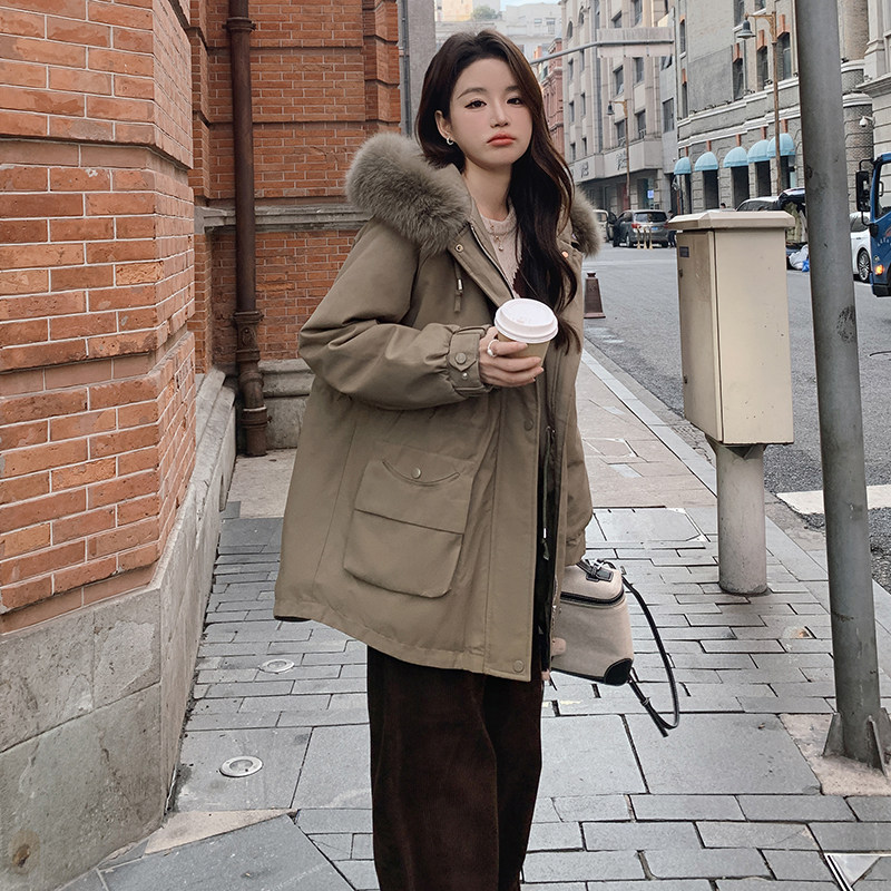 韩版加厚兔绒连帽派克棉服女2025年冬季新款收腰显瘦保暖工装棉衣,女装棉衣/棉服,衣珂纱朗