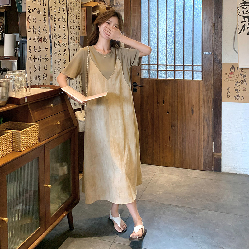 减龄小个子拼色假两件连衣裙女夏季2025新款显瘦今年流行爆款裙子,女装连衣裙,2C139