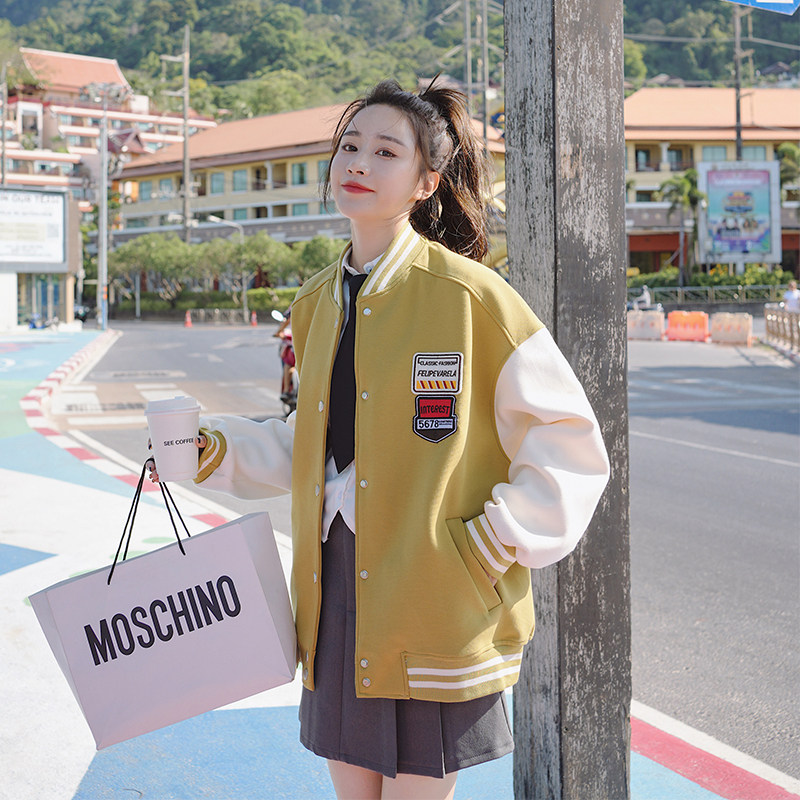 高级小众学院风黄色棒球服外套女春秋2025年超火好看短款夹克上衣,女装短外套,2C056