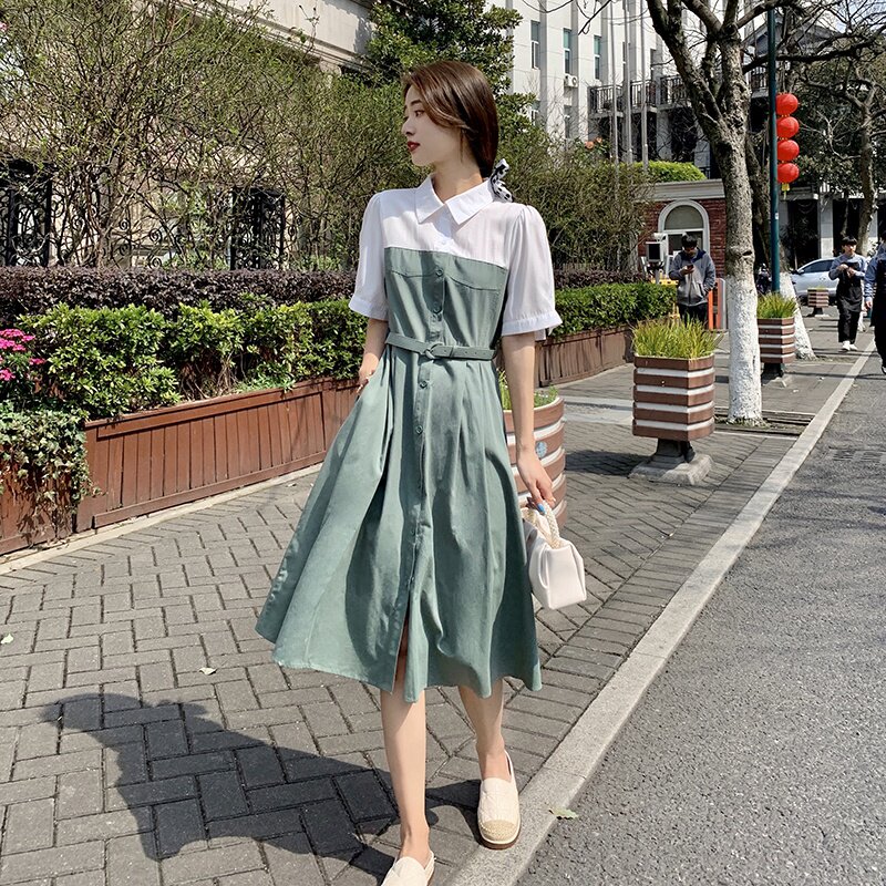 韩版连衣裙女夏2022年新款撞色法式设计感小众轻熟风收腰衬衫裙子,女装连衣裙,2C112