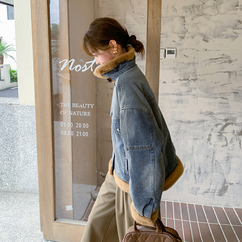 2025冬季新款羊羔毛牛仔派克服外套女设计感炸街加厚加绒短款棉服,女装棉衣/棉服,2C166