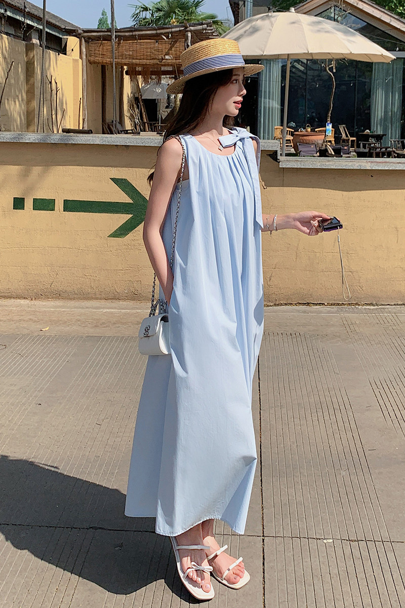 小清新蓝色无袖挂脖连衣裙女夏2025新款法式气质绝美宽松背心长裙,女装连衣裙,2C087