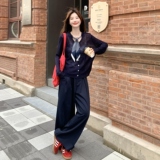 大方得体穿搭条纹丝巾针织衫套装女春秋超火好看休闲阔腿裤两件套，女装套装/套裙，2C166