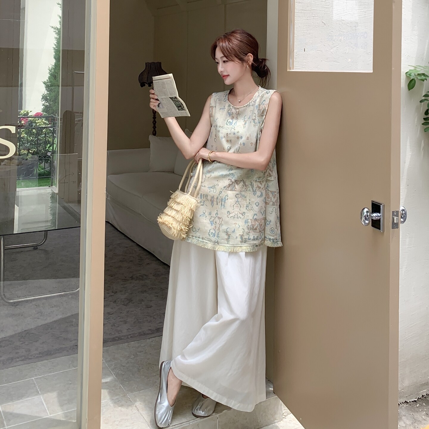 新中式国风印花背心阔腿裤套装2025新款女夏超火好看高级感两件套,女装套装/套裙,2C166