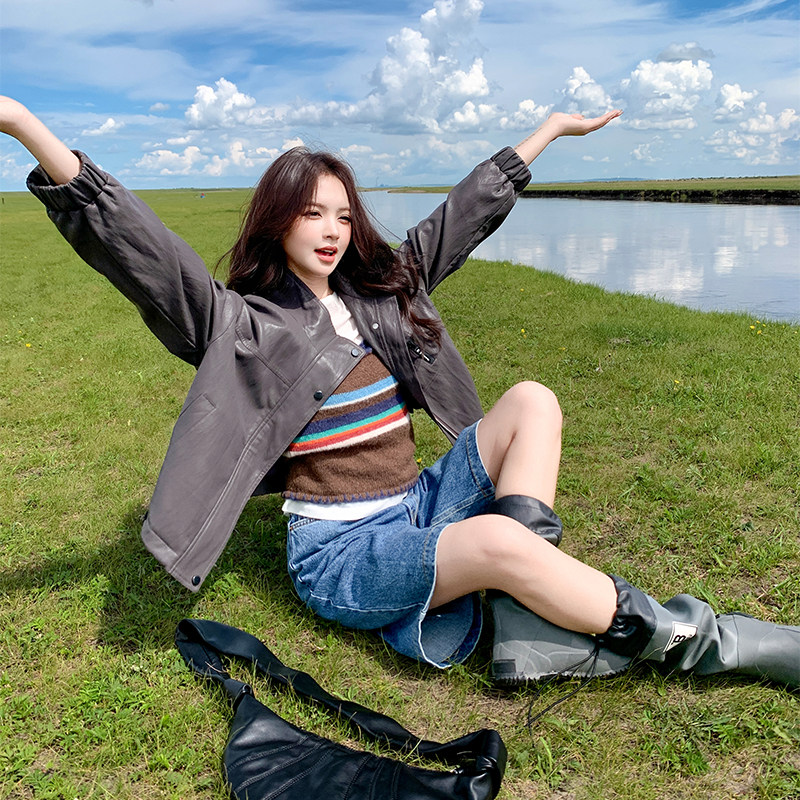 休闲立领灰咖色皮衣外套女秋季2025新款小个子PU夹克机车服巨好看,女装皮衣,2C022