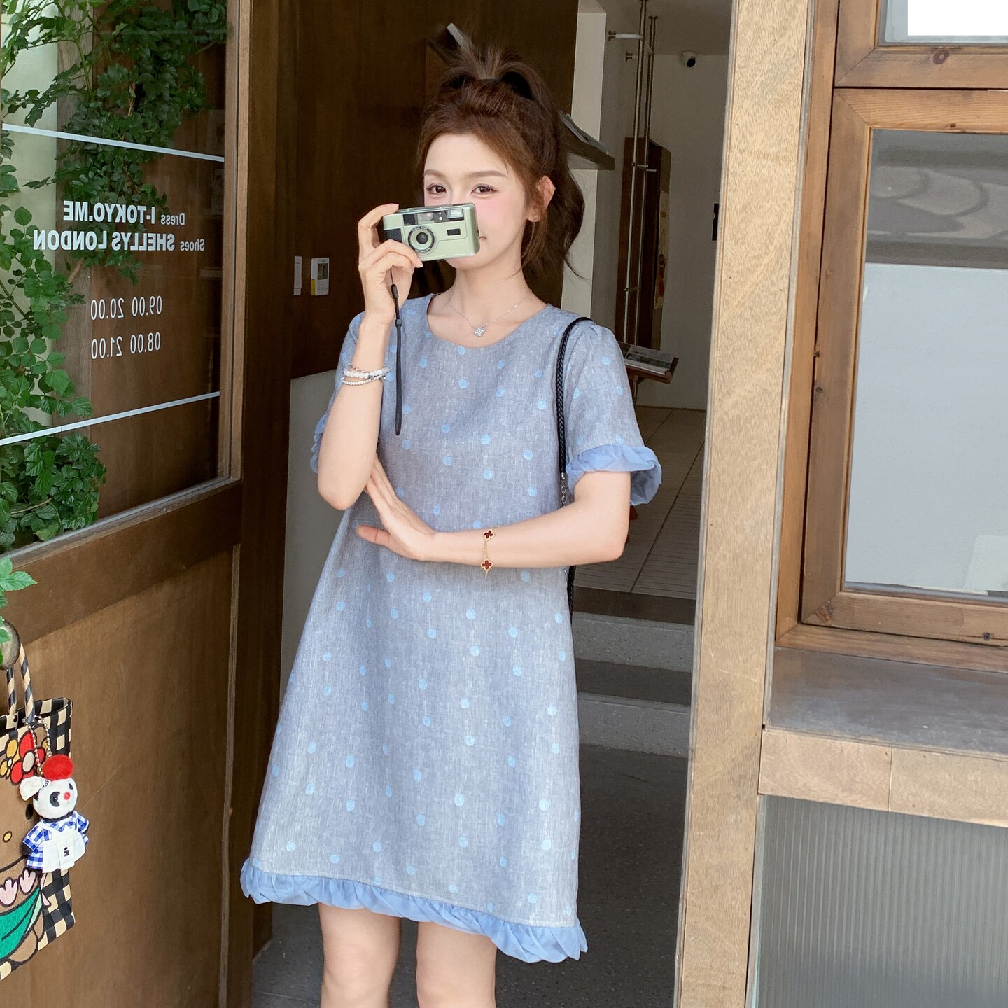 韩系文艺设计感波点花边拼接连衣裙女2025年夏季灰色松弛风连衣裙,女装连衣裙,2C327
