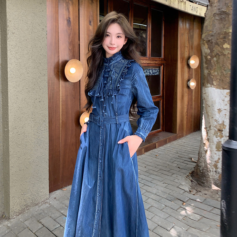 新中式国风重工刺绣牛仔连衣裙女2025春秋季新款轻熟风显瘦长裙子,女装连衣裙,2D148