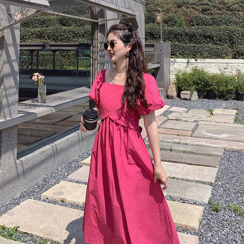 火龙果色方领泡泡袖连衣裙女夏2025新款茶歇法式甜美梨形身材长裙,女装连衣裙,2C112