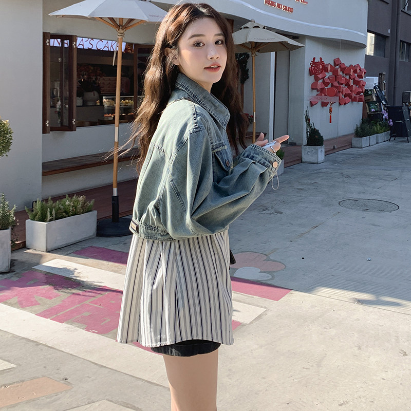 新款牛仔拼接衬衣假两件春装外套2C353-8619-p140-k208,女装短外套,2C353