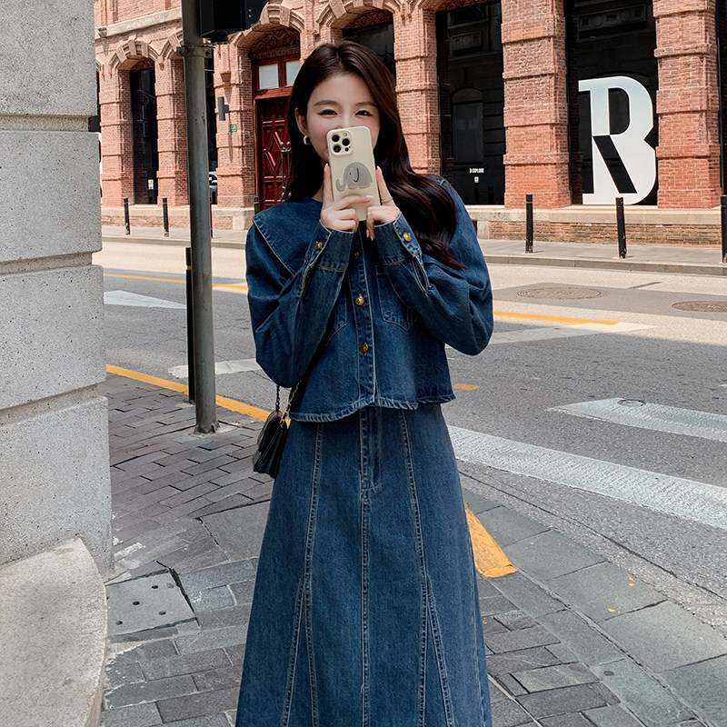 复古娃娃领牛仔连衣裙女春秋2025年新款气质绝美衬衫长裙两件套装,女装套装/套裙,2C135