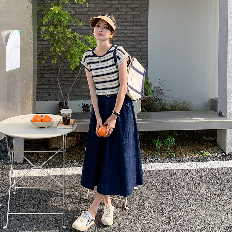 盐甜系条纹上衣牛仔半身裙两件套女2025年夏季新款高级感休闲套装,女装套装/套裙,2C166