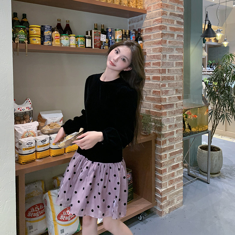 法式气质波点拼接连衣裙女2025春秋季新款韩版宽松显瘦温柔风短裙,女装连衣裙,2C057