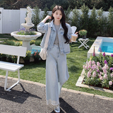 小个子时髦牛仔套装女秋季2025新款花边拼接圆领外套阔腿裤两件套，女装套装/套裙，2C212