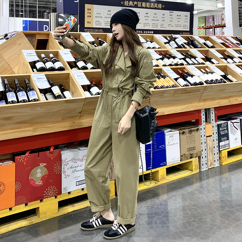 设计感炸街工装连体裤女2025春秋季新款韩系宽松休闲卡其色连衣裤图片
