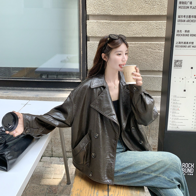高级感复古港风咖色皮衣短外套女春秋2025新款小个子PU夹克巨好看,女装皮衣,2C177