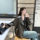 高级感复古港风咖色皮衣短外套女春秋2025新款小个子PU夹克巨好看，女装皮衣，2C177
