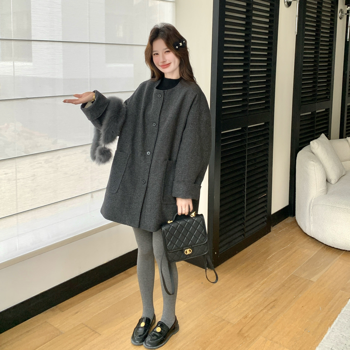 轻奢老钱风灰色毛呢大衣女冬季气质宽松中长款羽绒服羊毛外套,女装羽绒服,2C166
