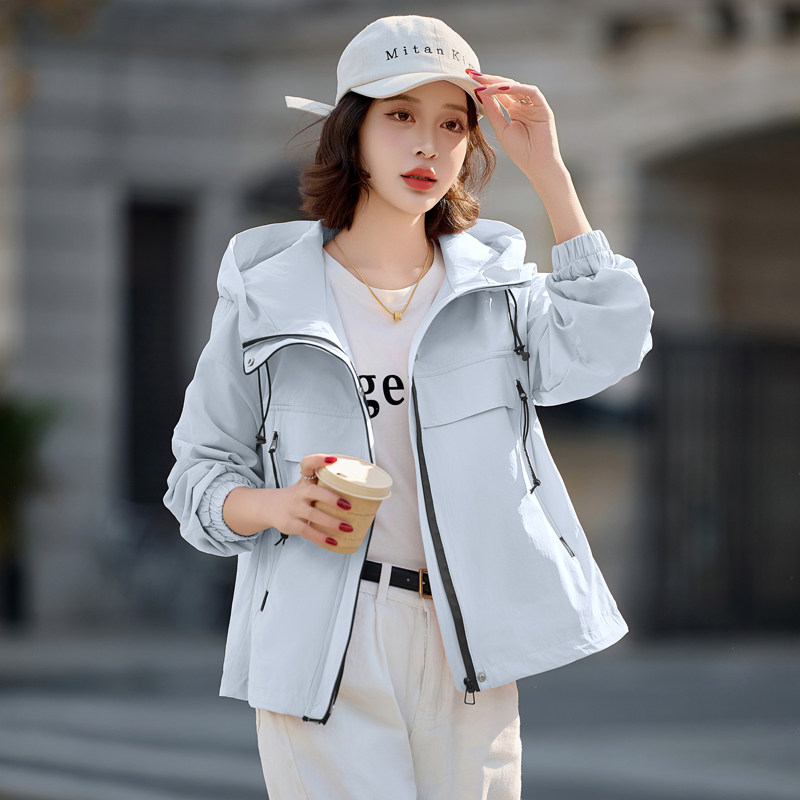 粉色洋气减龄工装短外套女2025春秋新款百搭休闲宽松连帽夹克上衣,女装短外套,唯婧